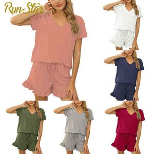 夏のパジャマの女性2ピースフリルセット女性服緩い寝室ファッションVネックカジュアルトップショーツ服女2021 Y220311