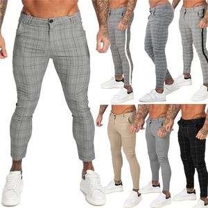 GINGTTO Trousers Skinny Super Stretch Chinos Pants Slim Fit Mens Casual Pant Plaid Elastic Waist 201222