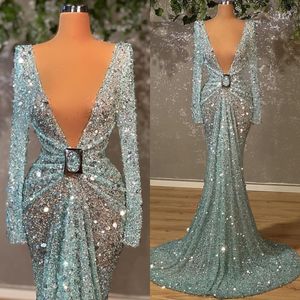 Hellblaue glitzernde Meerjungfrau-Abendkleider mit Pailletten, afrikanisches Bling Bling, V-Ausschnitt, lange Ärmel, Partykleider, Aso Ebi-Abschlussballkleid