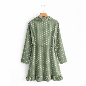 Yeni Kadın Vintage Çapraz V Boyun Yeşil Polka Dot Baskı Lace Up Mini Elbise Kadın Basamaklı Ruffles Vestidos Parti Elbiseler DS2608 201204
