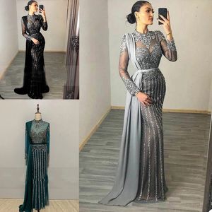 Real Image Evening Dresses Luxury Crystal Sequins High Neck Long Sleeves Appliqued Lace Prom Klänningar Skräddarsy Formell Party Pageant Gown