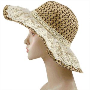 Pai-criança tecer chapéus de sol para mulheres rendas fita lace up grande brim menina chapéu de palha ao ar livre chapéu de praia Chapéu de verão Chapa Cheminino G220301