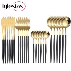 24Pcs/set 18/10 Stainless Steel Dinner Black Gold Dinnerware Set Knife Fork Spoon Cutlery Kitchen Tableware Silverware s 211229