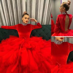 Red Backless Prom Dresses Sleeveless Crystals Ruffles Long Sleeves Veet Floor Length Evening Party Gowns Plus Size Custom Made Formal Ocn Wear 403