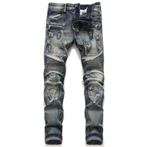 Man Splicing Holes Jeans Fashion Trend Fold Zipper Straight Long Jeans Midist Midist Vanlig Tvättad Stretch Motorcykel Designer Man Jeans