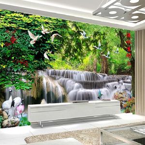 Carta da parati fotografica 3D personalizzata Cascata Fiore di loto Uccelli Paesaggio Pittura su tela impermeabile Carta da parati Soggiorno TV Sfondo