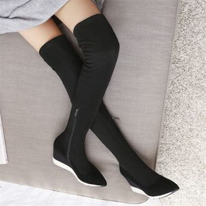 Hot Sale-Thigh High Boots Women Black Genuine Leather Over The Knee High Riding Booties Wedges Heel Tall Shaft Pumps