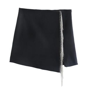 Traf Za Women Black SkirtヴィンテージハイウエストショートSウーマンファッションBejeweled Fring Mini S Sexy Slit Y2K 220224