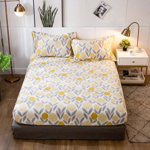 100%Cotton Bed Linens Queen/King Size FItted Bed Sheet with Elastic Band Yellow Color Cotton Mattress Protector Double Sheets 201113