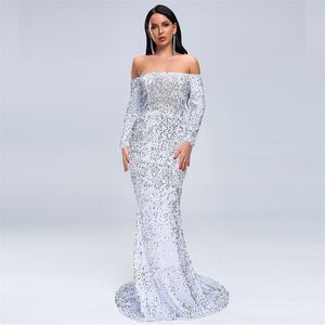 011907 Autumn Winter Sexy Off the Shoulder Long Sleeve Sequin Party Dress Runway Dresses Evening Maxi Dress Women Bodycon Dress