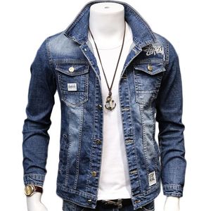 Jaquetas Masculinas 2021 Primavera e Outono Moda Homens Denim Jaqueta Bordado Slim Algodão Homens Lapela Lapela Manga Longa Piloto