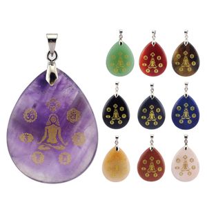 Natürlicher Stein graviert 7 Chakren Sanskrit Yoga Sitzen Muster Anhänger Indien 7-Chakra Meditation Reiki Halskette Amethyst Rose Quarz heile Kristallschmuck