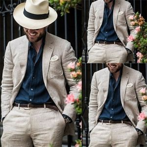 Summer Office 2 Piece Linen Slim Fit Suits for Men Wedding Suit Groom Tuxedos Casual Wear Lapel Blazer+pants 201105