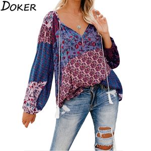 Plus Size Bluzka Kobiety V-Neck Koszula Z Długim Rękawem Dorywczo Loose Floral Print Topy Damskie Bluzki 220308