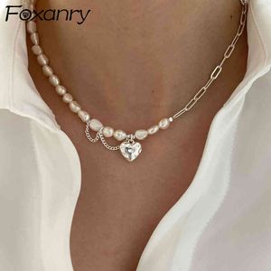 Foxanry 925 Sterling Silver Necklace for Women Trendy Elegant Asymmetry Chain Pearls Smooth Love Heart Bride Jewelry Lover Gifts