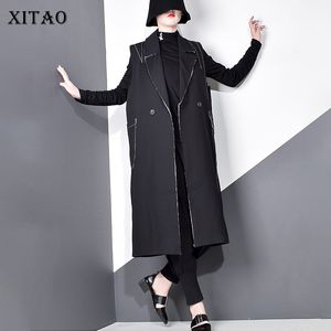 Xitao 스트라이프 버튼 분할 다시 조끼 여성 캐주얼 가을 트렌드 패션 새로운 턴 다운 칼라 민소매 포켓 XJ4931 201027
