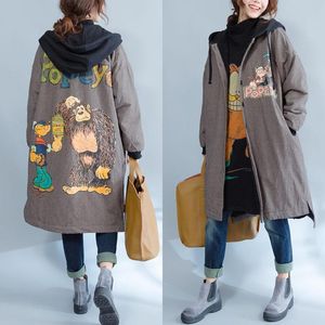 큰 사이즈 가을 겨울 outwear 여성 느슨한 양털 두꺼운 따뜻한 두건이 된 면화 코트 캐주얼 카디건 만화 격자 무늬 자켓 F1610 201106