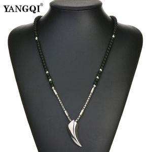 Norse Vikings Wolf Teeth Pendant Necklaces Silver Color Stainless Steel Chain Black Stone Strand Beads Necklaces Jewelry Men 200928