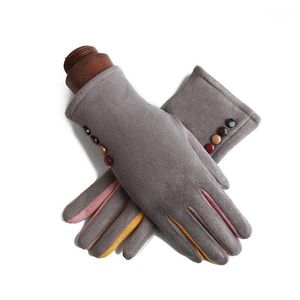 Five Fingers Gloves Winter Female Single Layer Warm Cashmere Full Finger Button Cycling Mittens Women Suede Leather Touch Screen Driving Glo