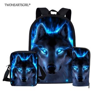 Twoheartsgirl azul lobo mochila de escola para meninos adolescentes meninas crianças saco de escola set estudante sacos de livro mochila escolar lj201029