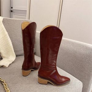 2022 Popular mulheres joelho botas de couro genuíno dedo apontado moda lazer salto quadrado branco zíper inverno outono western cowboy boot