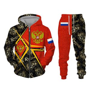 Marca de moda hoodie/jaqueta calças terno bandeira russa impresso homens mulheres zíper sweatshirts conjunto outono e inverno 2pc treino 220211