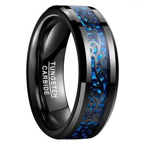 Anéis de casamento Bandas de 8mm anel de noivado anel de tungstênio preto tungstênio incrustado padrão de videira azul jóias masculinas de fibra de carbono1