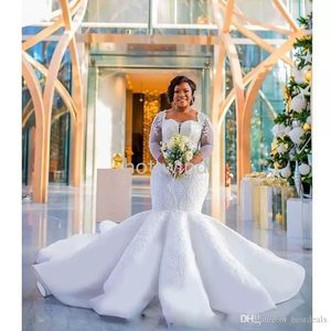 Sirena africana Plus Size Abiti da sposa Paillettes Appliques in pizzo Illusion Maniche lunghe Abito da sposa Sheer Back Abiti da sposa di lusso sexy EE