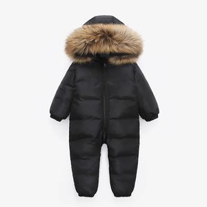 Russo Inverno Infantil Quente Branco Pato Down Macacos Crianças Ski Ski New Born Baby Menina Roupa Pele Howoded Jumpsuits -30 201028