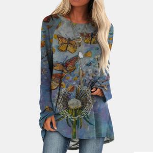 Flower Butterfly Printed Long Sleeve O Neck Asymmetrical T Shirt For Women Tops Funny T Shirts Women Casual Tees Plus Size 201125