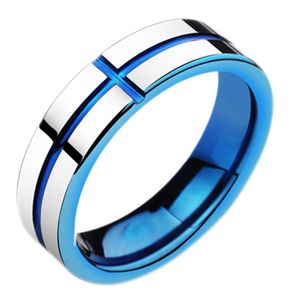 Kontrastfärg kors rostfritt stål par ringband blå guld glansiga ringar för kvinnor män mode smycken vilja och sandig gåva