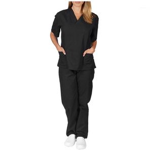 Två styck klänning unisex arbete kläder sjuksköterska uniformer scrubs mode kortärmad toppar v-neck shirt byxor hand kläder # t2g1