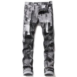 Mens Fashion Abstract Art Stretch Slim Straight Jeans Teenagers Digital 3D Printed Gray Black Jeans Denim Pants
