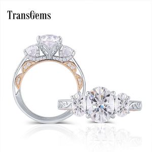 TransGems Genuine 14K 585 Two Tone Center 7*9mm 4*6mm Oval GH Color 3 Stone Engagement Wedding Ring For Women Y200620