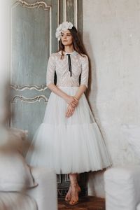 Vintage Tea Length A Line Wedding Dress Lace Half Sleeve Dreaming Puffy Ivory Tulle Bridal Dresses Short Boho Beach Wedding Gowns 2022