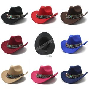 Moda mulheres lã oco cowboy western tampões borla cinto elegante senhora jazz cowgirl boné