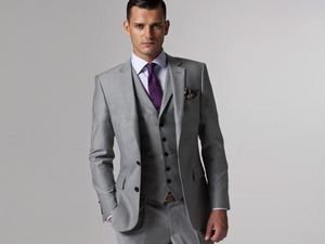 Handsome Side Vent Light Grey Groom Tuxedos Groomsmen Notch Lapel Man Suit Wedding Men's Blazer Suits Jacket Pants Vest2923