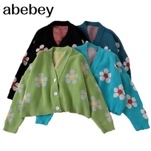 봄 대학 스타일의 꽃 프린트 니트 Doat 느슨한 레트로 V 넥 귀여운 빛 녹색 스웨터 카디건 블라우스 짧은 섹션 201030
