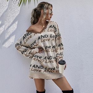 Women's Sweaters Letters Printted V-Neck Sweater Casual Women Loose Long Sleeve Distressed Tops Winter All-match Knitted Pullover