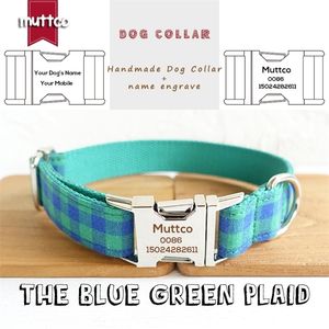 MUTTCO customized dog collar engraved puppy ID tag THE BLUE GREEN PLAID anti-lost adjustable pet supplies 5 sizes UDC073 LJ201130
