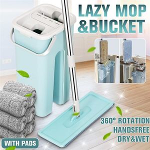 Ręcznie Bezpłatne Wringing Flat Squeeze z Wiadro Mikrofibra Czyszczenie podłogi MOP MOP Suche Wet Dual Strona główna MOPS T200703