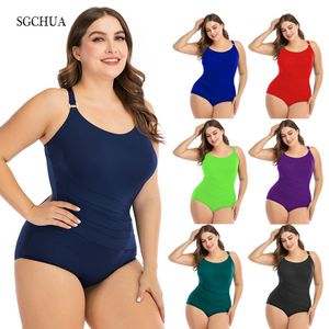SGCHUA New Plus Size Swimsuits One Piece 6XL Solid Black Blue Red Women's Swimwear Beach Big Bathing Suit Large Fat Bodysuit T200708