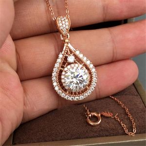 Chegada Nova jóias exclusivas Vintage 925 silverrose ouro Fill Large White Topaz CZ Diamante Água Gota Pingente Mulheres colar do presente