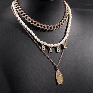 Chokers DIY Name Letter Pearls Beaded Choker Necklaces For Women Golded Multilayer Virgin Mary Thick Cuban Link Chain Necklace Jewelry