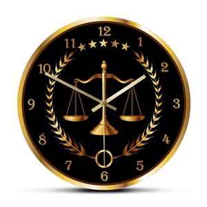 Skala av rättvisa Modern klocka Non Ticking Timeepiece Lawyer Office Decor Firm Art Domare Lag Hängande väggklocka LJ201211