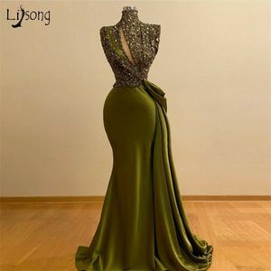 겸손 올리브 녹색 인어 이브닝 드레스 2020 높은 칼라 스팽글 페르시 긴 저녁 가운 실제 이미지 공식 파티 드레스 LJ201123