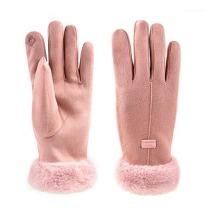 Fem fingrar handskar kvinnor vinter pekskärm faux päls mittens damer flickor utomhus värme full fingerfodrad cykel kör handske1