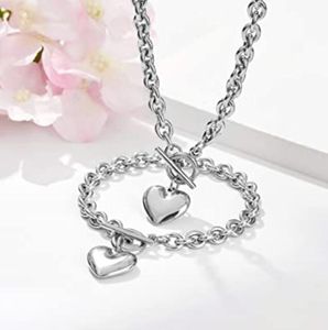 Lover Heart Pendant Necklace + Bracelet Ladies Girls Love Charm Toggle Chain Jewelry Set Stainless Steel Silver Valentine's Day Gift (8mm Wide 45cm+20cm ))