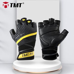 TMT Sheep Leather Gym Handskar Bodybuilding Vikt Lyft Fitness Glove Nonslip Andningsbar Långt WRIST WRAP SUPPORT Dumbbell Sport Q0107