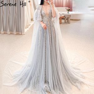 Dubai Grey A-Line Luxury Sexy Evening Dresses 2020 Diamond Feathers Shawl Yarn Formal Dress Serene Hill LJ201119